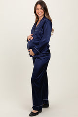 Navy Satin Contrast Trim Long Sleeve Maternity Pajama Set