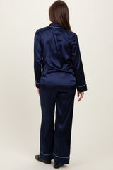 Navy Satin Contrast Trim Long Sleeve Maternity Pajama Set