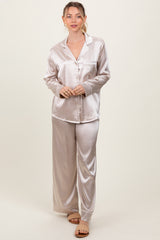 Cream Satin Contrast Trim Long Sleeve Pajama Set