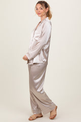 Cream Satin Contrast Trim Long Sleeve Pajama Set