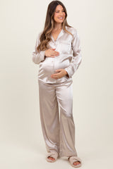 Cream Satin Contrast Trim Long Sleeve Maternity Pajama Set