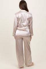 Cream Satin Contrast Trim Long Sleeve Maternity Pajama Set