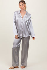 Silver Satin Contrast Trim Long Sleeve Maternity Pajama Set