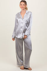 Silver Satin Contrast Trim Long Sleeve Pajama Set