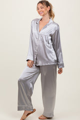 Silver Satin Contrast Trim Long Sleeve Pajama Set