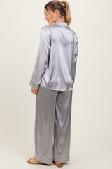 Silver Satin Contrast Trim Long Sleeve Pajama Set