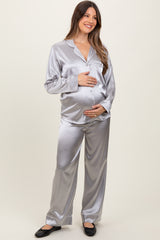 Silver Satin Contrast Trim Long Sleeve Maternity Pajama Set