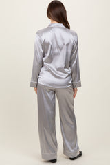 Silver Satin Contrast Trim Long Sleeve Maternity Pajama Set