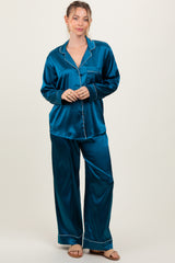 Teal Satin Contrast Trim Long Sleeve Maternity Pajama Set