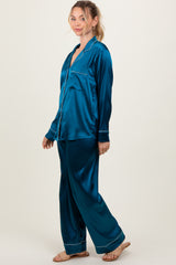 Teal Satin Contrast Trim Long Sleeve Pajama Set