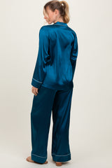 Teal Satin Contrast Trim Long Sleeve Pajama Set