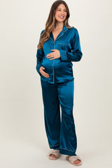 Teal Satin Contrast Trim Long Sleeve Maternity Pajama Set