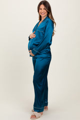 Teal Satin Contrast Trim Long Sleeve Maternity Pajama Set