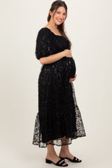 Black Embroidered Sequin Detail Mesh Overlay Maternity Maxi Dress