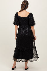 Black Embroidered Sequin Detail Mesh Overlay Maternity Maxi Dress