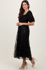 Black Embroidered Sequin Detail Mesh Overlay Maxi Dress