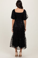 Black Embroidered Sequin Detail Mesh Overlay Maxi Dress