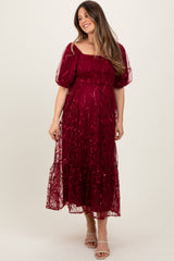 Burgundy Embroidered Sequin Detail Mesh Overlay Maternity Maxi Dress