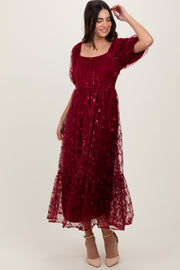 Burgundy Embroidered Sequin Detail Mesh Overlay Maxi Dress