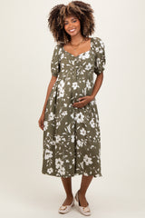 Olive Floral Sweetheart Neckline Maternity Midi Dress