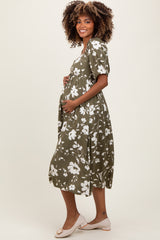 Olive Floral Sweetheart Neckline Maternity Midi Dress