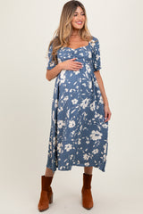 Light Navy Floral Sweetheart Neckline Maternity Midi Dress