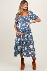 Light Navy Floral Sweetheart Neckline Maternity Midi Dress