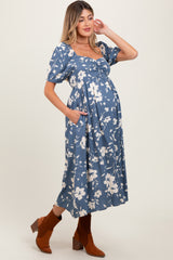 Light Navy Floral Sweetheart Neckline Maternity Midi Dress