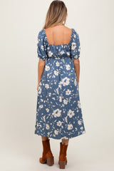 Light Navy Floral Sweetheart Neckline Maternity Midi Dress