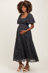 Charcoal Floral Square Neck Bubble Sleeve Maternity Mid Dress