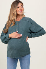 Light Olive Oversized Ribbed Knit Henley Maternity Sweater