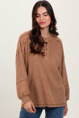 Camel Oversized Ribbed Knit Henley Maternity Sweater