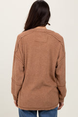 Camel Oversized Ribbed Knit Henley Sweater