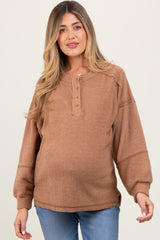 Camel Oversized Ribbed Knit Henley Maternity Sweater