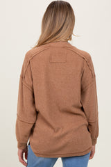 Camel Oversized Ribbed Knit Henley Maternity Sweater