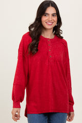 Red Oversized Ribbed Knit Henley Sweater