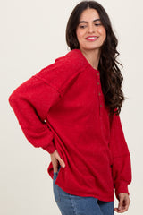 Red Oversized Ribbed Knit Henley Sweater