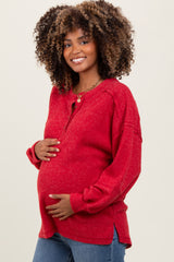 Red Oversized Ribbed Knit Henley Maternity Sweater