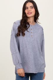 Heather Grey Oversized Ribbed Knit Henley Sweater