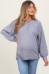 Heather Grey Oversized Ribbed Knit Henley Maternity Sweater