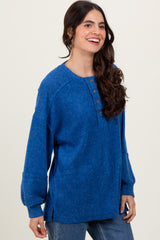 Light Navy Oversized Ribbed Knit Henley Sweater