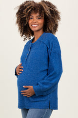 Light Navy Oversized Ribbed Knit Henley Maternity Sweater