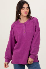 Plum Oversized Ribbed Knit Henley Sweater