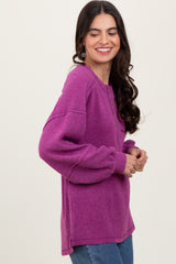 Plum Oversized Ribbed Knit Henley Sweater