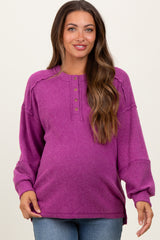 Plum Oversized Ribbed Knit Henley Maternity Sweater