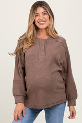 Mocha Oversized Ribbed Knit Henley Maternity Sweater