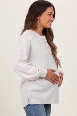 Cream Oversized Ribbed Knit Henley Maternity Sweater