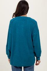 Teal Oversized Ribbed Knit Henley Sweater