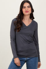 Charcoal Brushed Knit V-Neck Long Sleeve Top