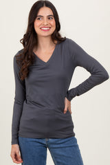 Charcoal Brushed Knit V-Neck Long Sleeve Top